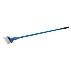 blue floor scraper with a long handle