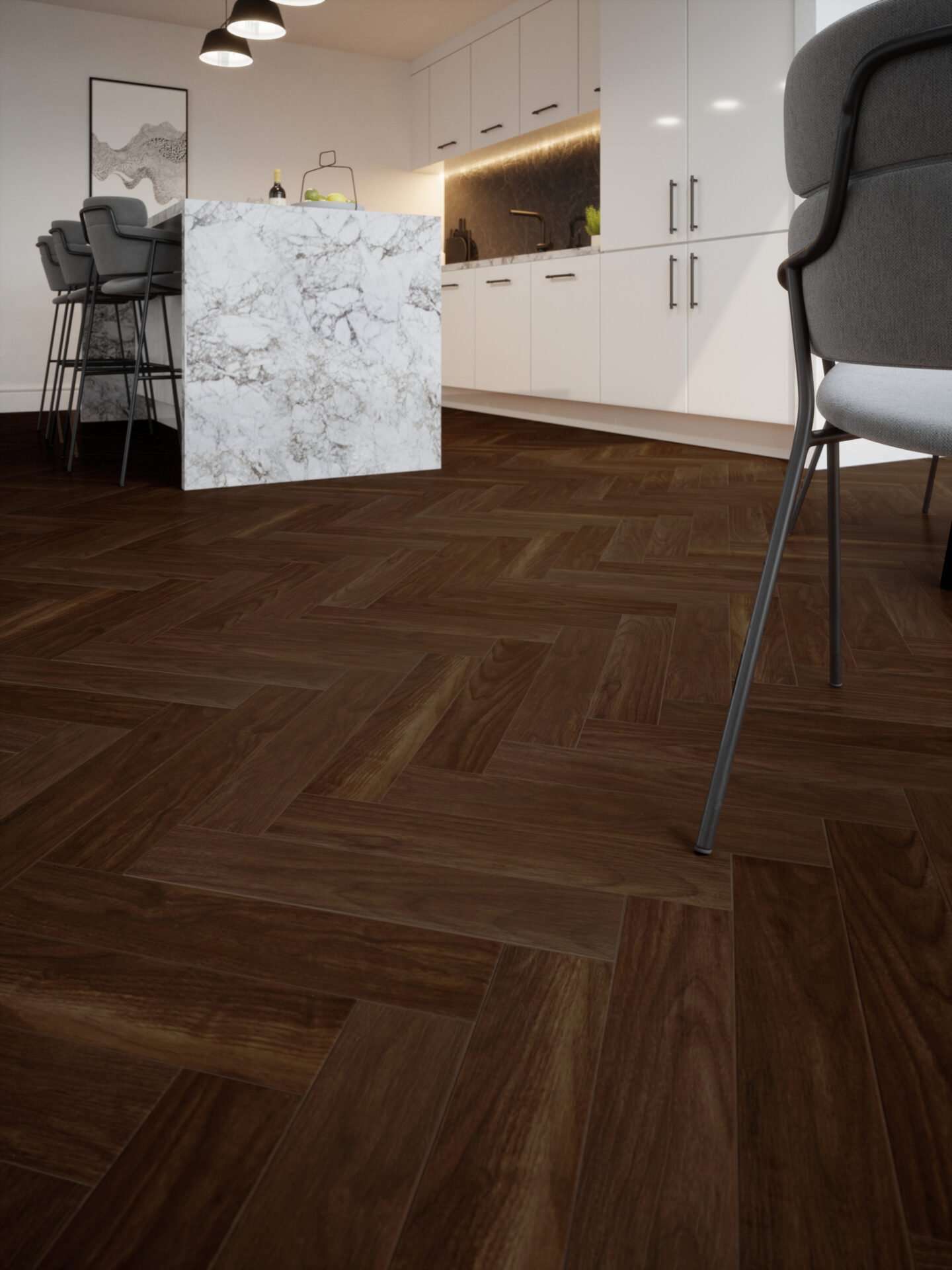 herringbone wood floor in a kitchen