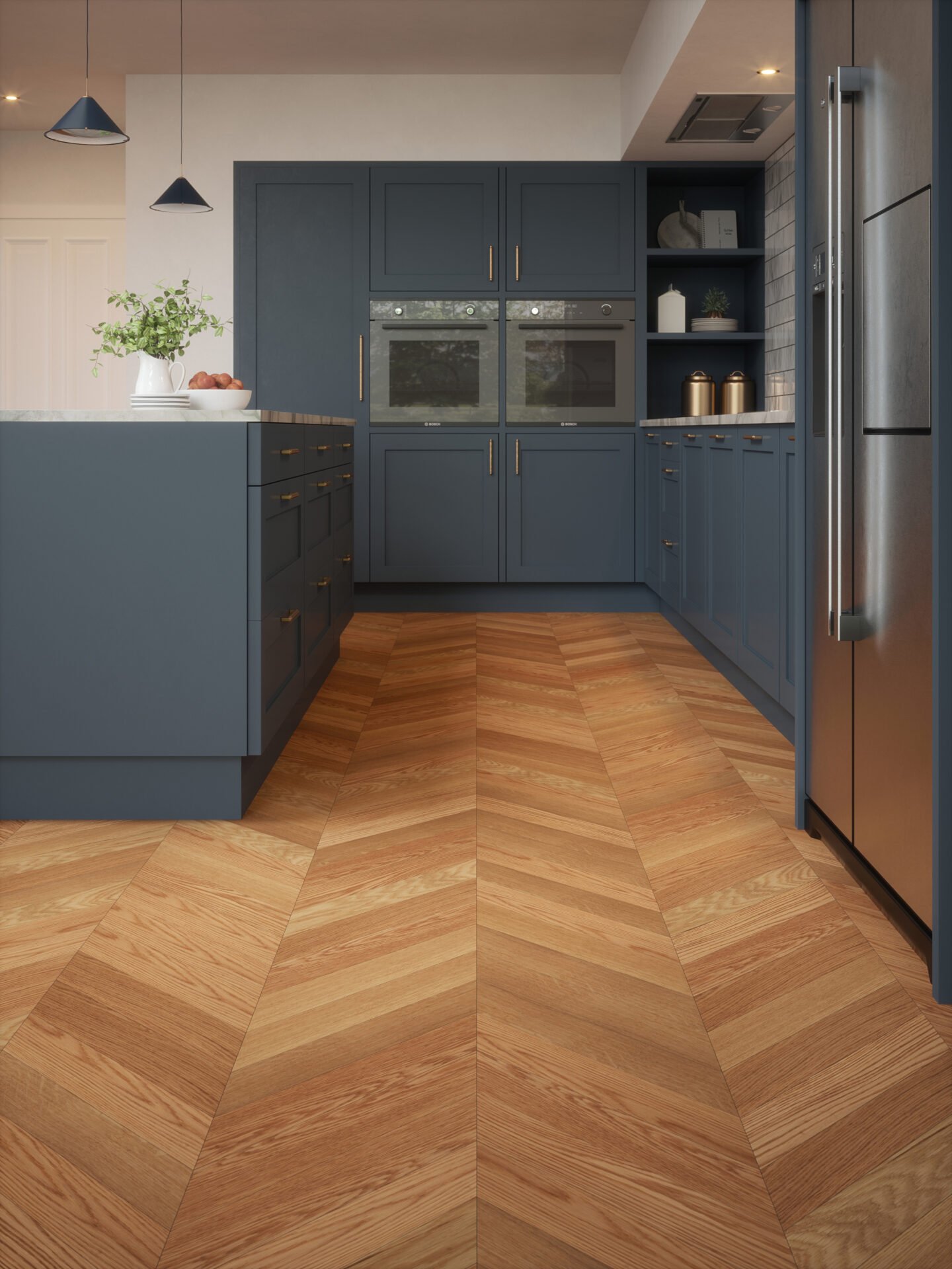 brown engineered wood flooring in a kitchen with blue presses
